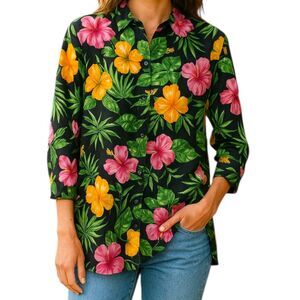 Lauren Ralph Lauren Black Tropical Floral Print Linen kimono womens Size Medium